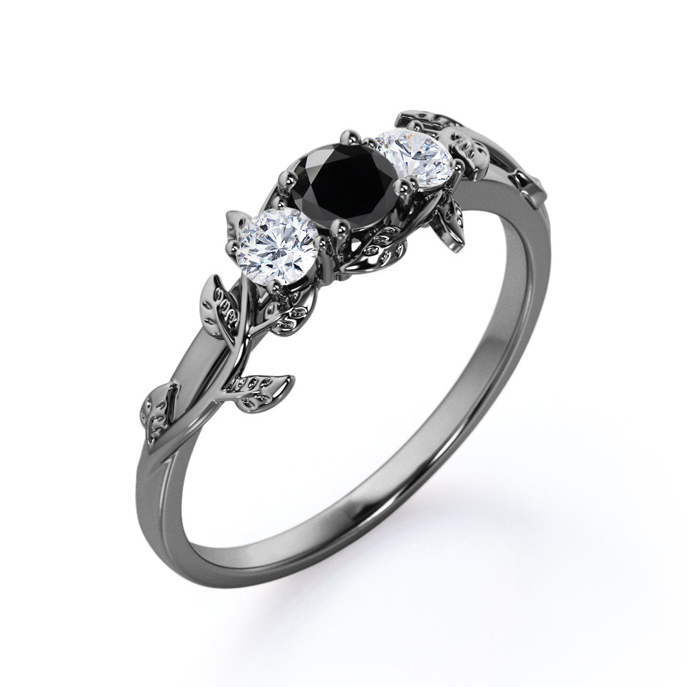 1 carat round cut  Black Diamond leaf style engagement ring in white gold