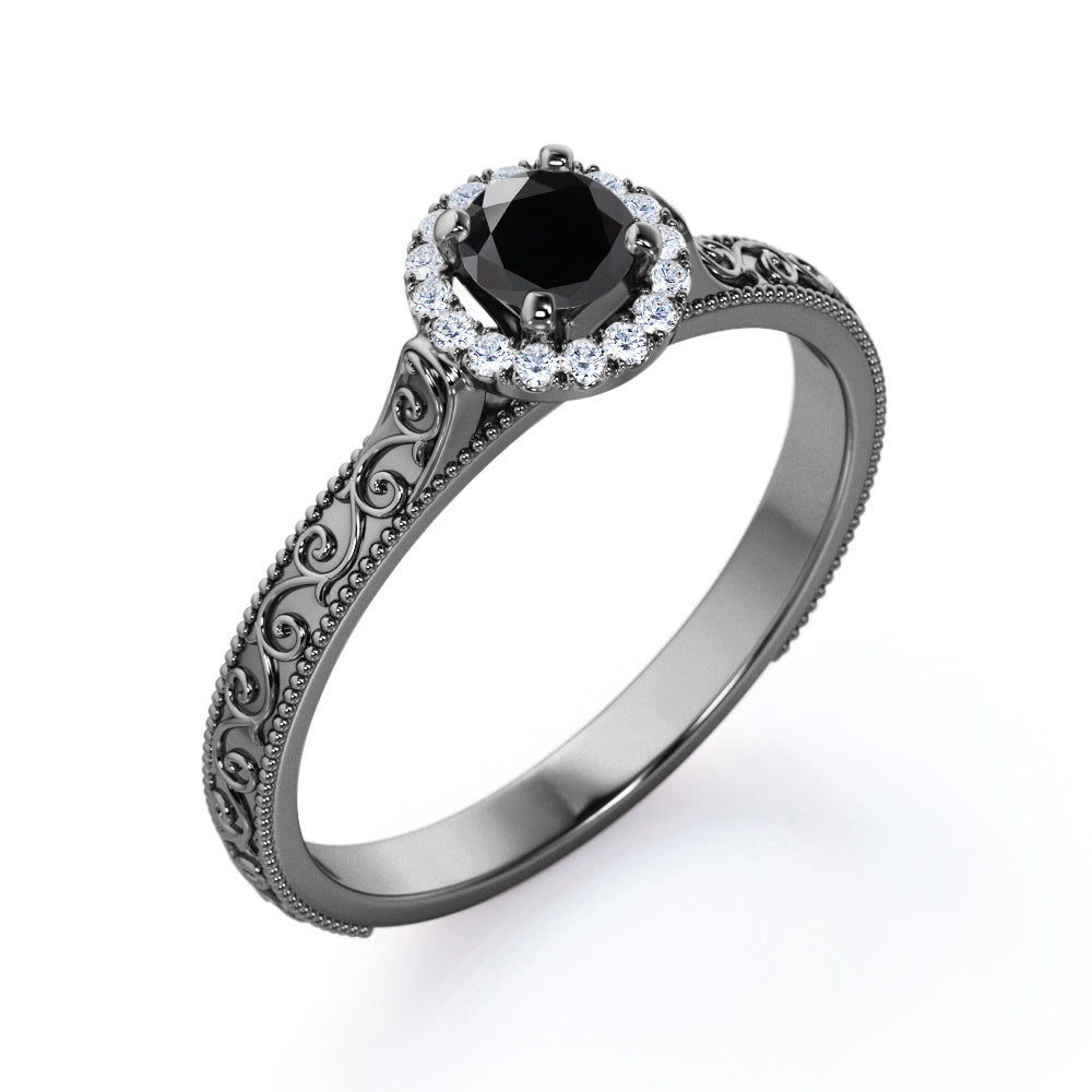 1.15 Carat Round Cut Lab Grown Black Diamond Antique Art Deco Engagement Ring In White Gold