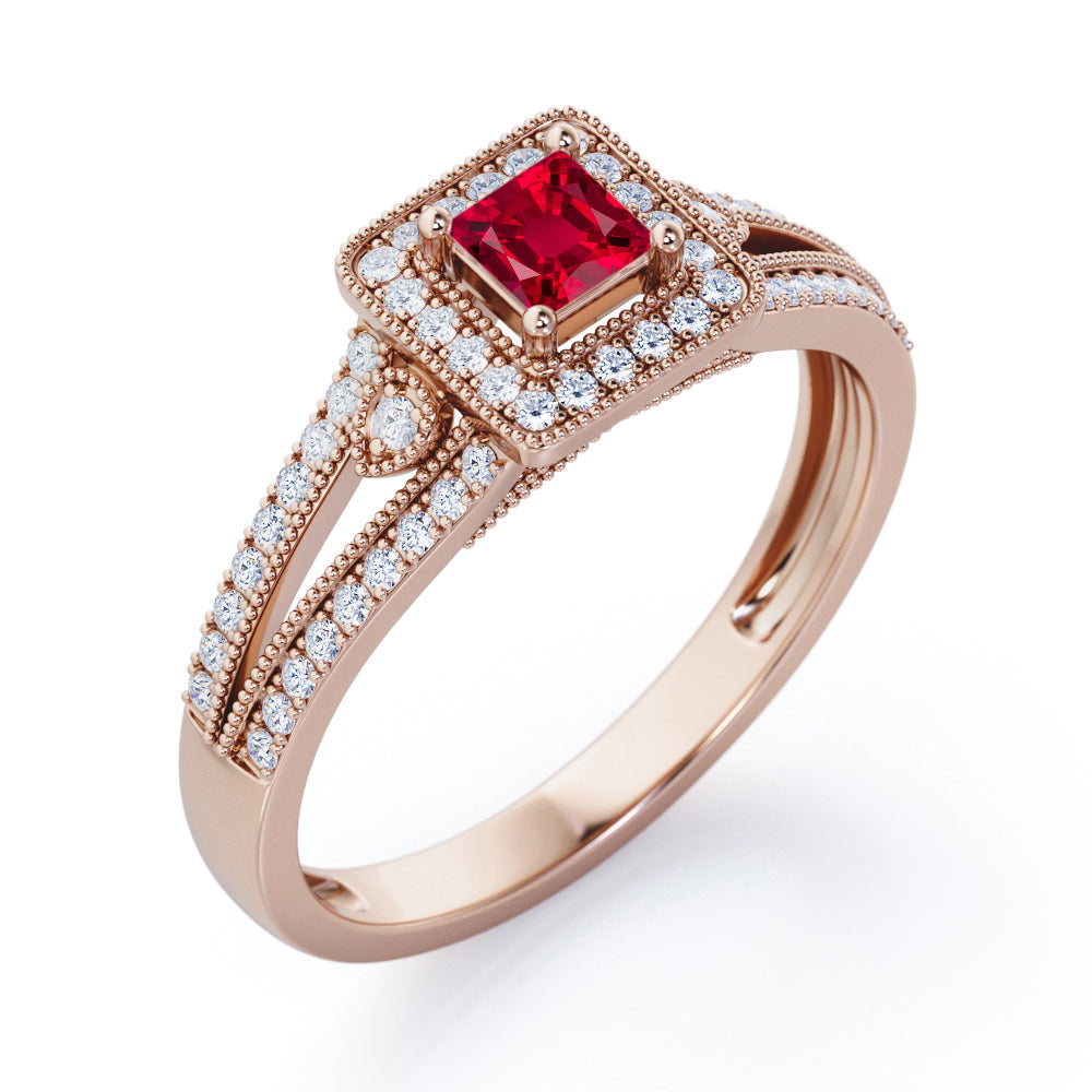 Split-Shanked Pave 1.55 Carat Princess Cut Ruby Milgrain-Bordered Halo Engagement Ring in White Gold