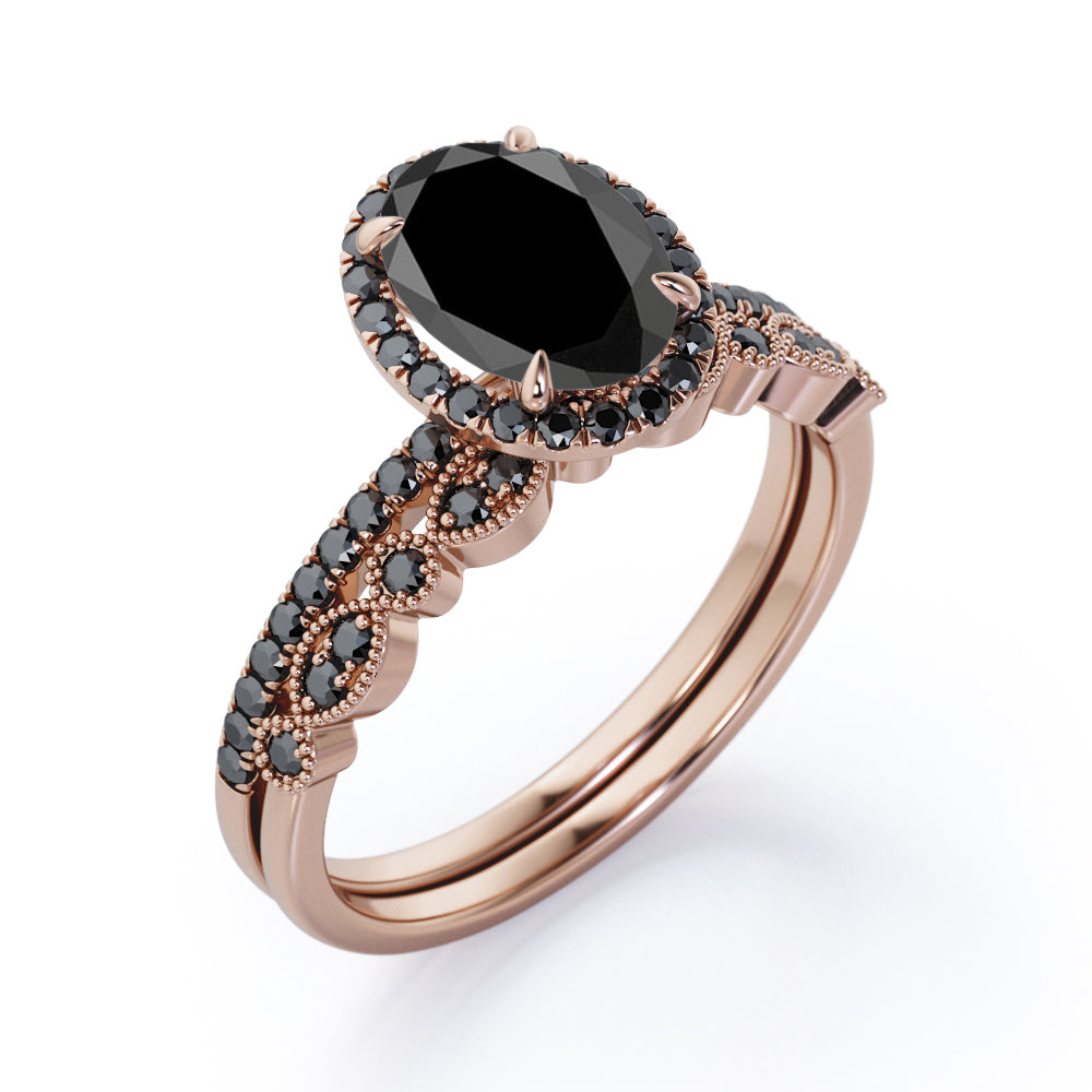 1.65 TCW Oval Cut Lab Created Black Diamond - Milgrain Filigree - Scalloped Pave Bridal Ring Set in White Gold