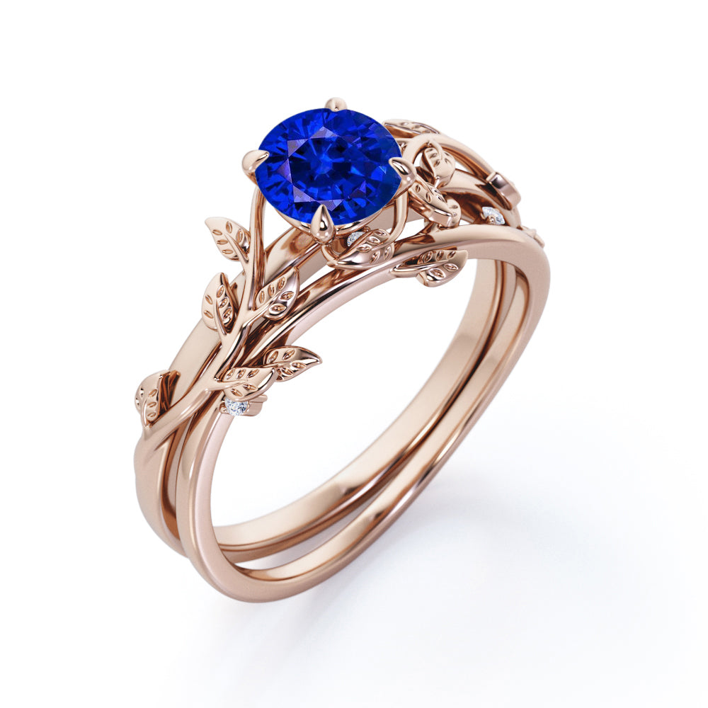 Nature Inspired 1 carat Round cut Lab-Created Sapphire and Diamond Wedding ring set in White Gold