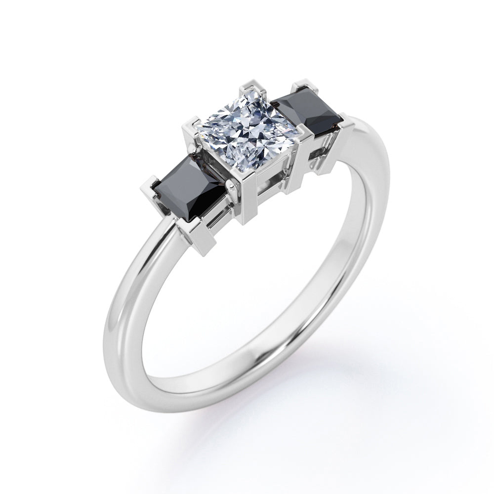 Minimalist Square V-Prong - 1.2 TCW Princess Cut Moissanite with Lab Created Black Diamond - Three-Stone Engagement Ring in Rose Gold