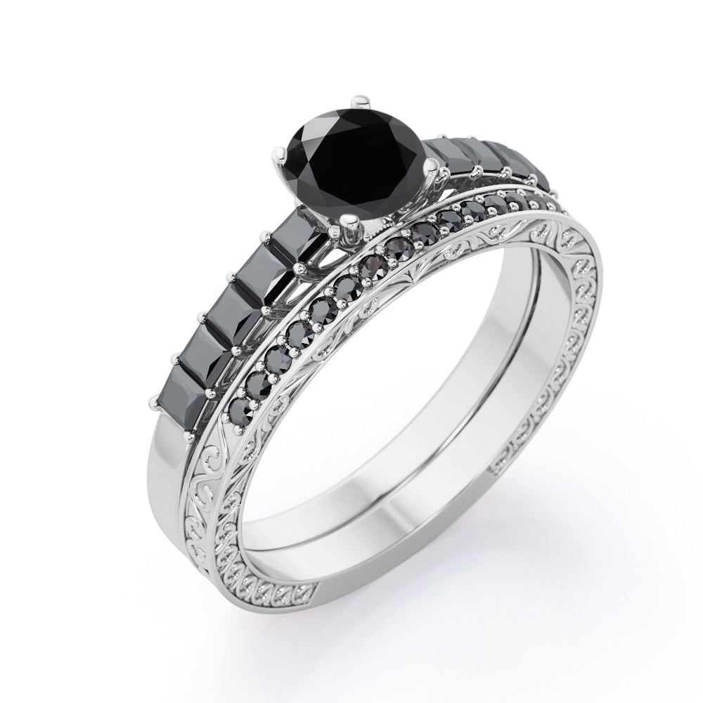 Art Deco Milgrain-Bezel 1.55 TCW Round Shaped Lab Created Black Diamond Shared-Prong Wedding Ring Set in White Gold