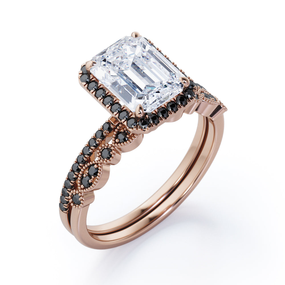 Art Deco Filigree Milgrain 1.65 TCW Emerald Cut Moissanite with Lab Created Black Diamond Halo-Style Wedding Set in Rose Gold