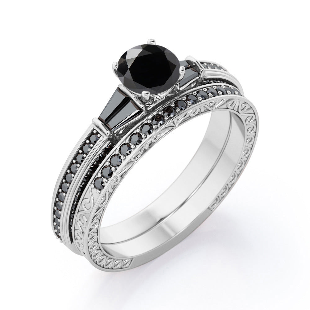 Art Deco 5-Stone 1.55 TCW Round Shape Lab Created Black Diamond Triple Pave-Channel Wedding Set in White Gold