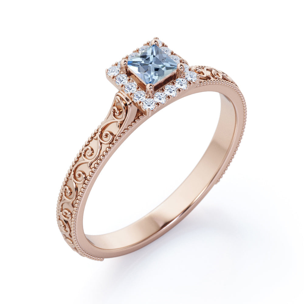 Vintage Filigree 1.10 Carat Princess Cut Aquamarine And Diamond Halo Engagement Ring In White Gold