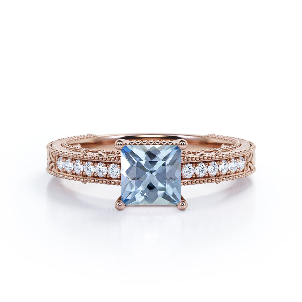 1.2 Carat Princess Cut Aquamarine And Diamond Antique Engagement Ring In White Gold