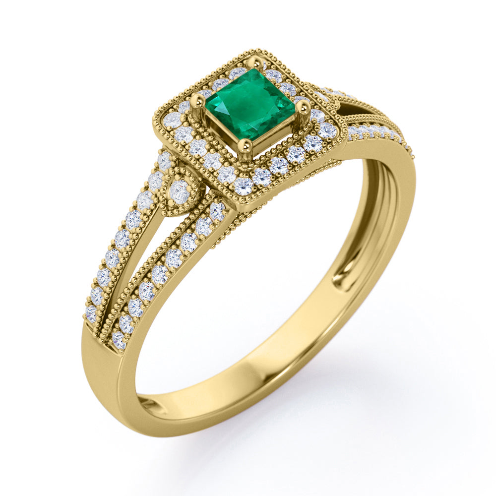 Split-Shanked Pave 1.55 Carat Princess Cut Emerald and diamond Milgrain-Bordered Halo Engagement Ring in White Gold