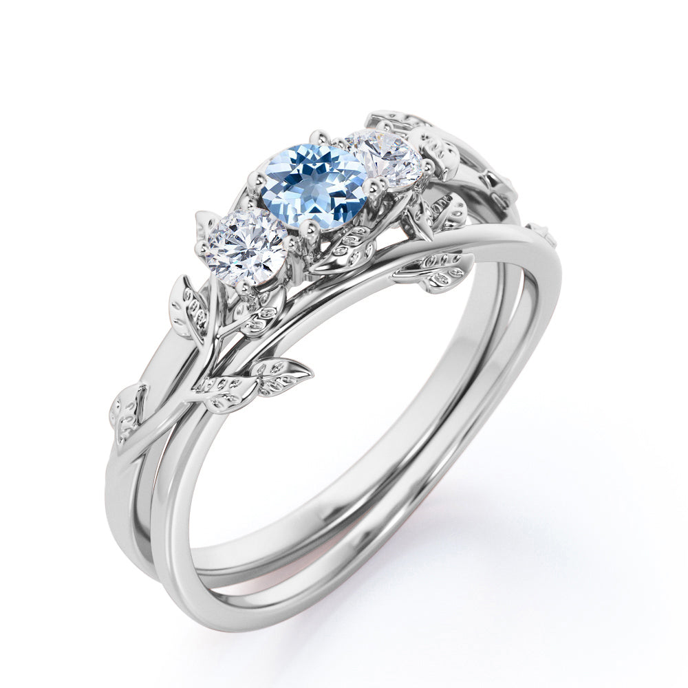 1 Carat Round Cut Aquamarine And Diamond Nature-Inspired Wedding Ring Set In White Gold