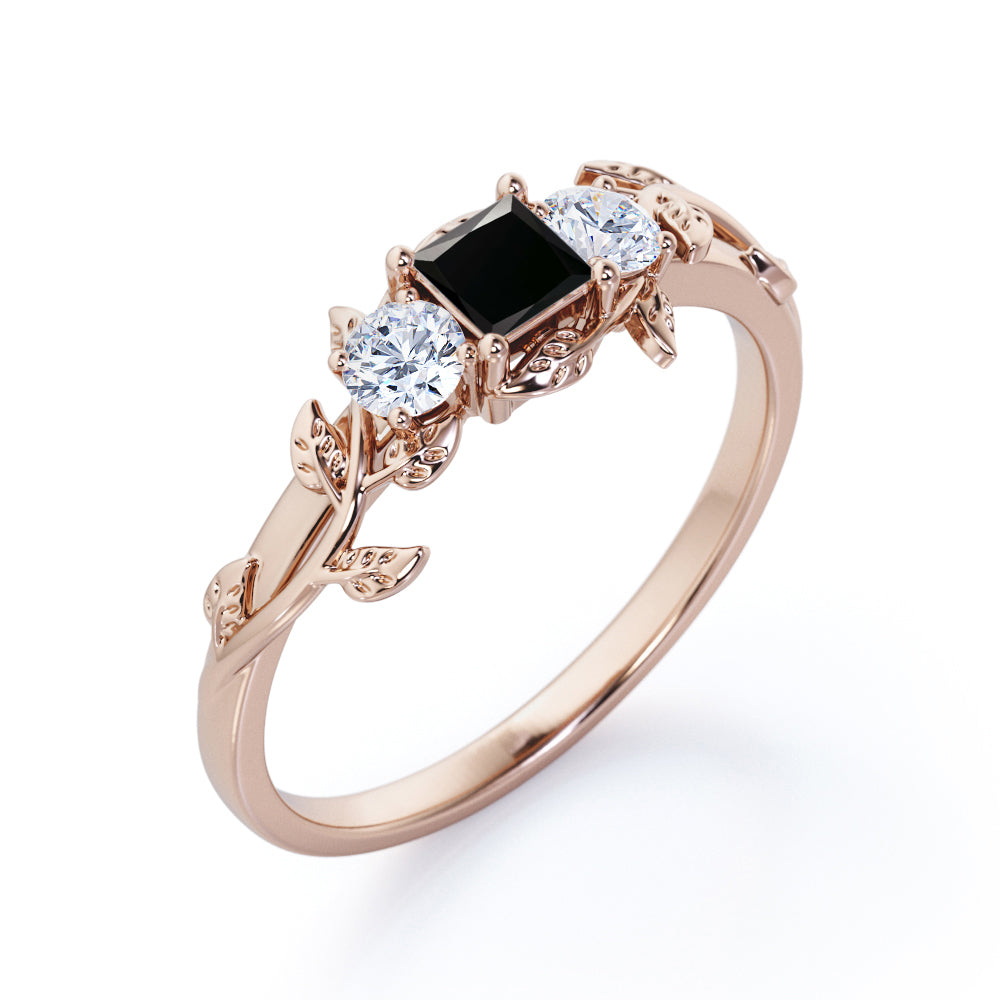 1 carat princess cut Black Diamond nature inspired engagement ring in white gold