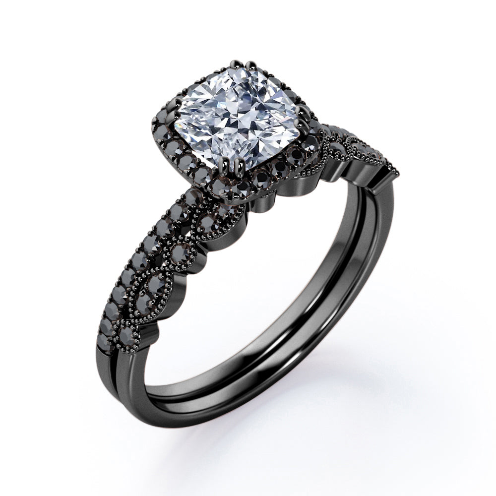 Pave-Accented Halo 1.6 TCW Cushion Cut Moissanite with Lab Created Black Diamond Milgrain Filigree Wedding Ring Set in Rose Gold