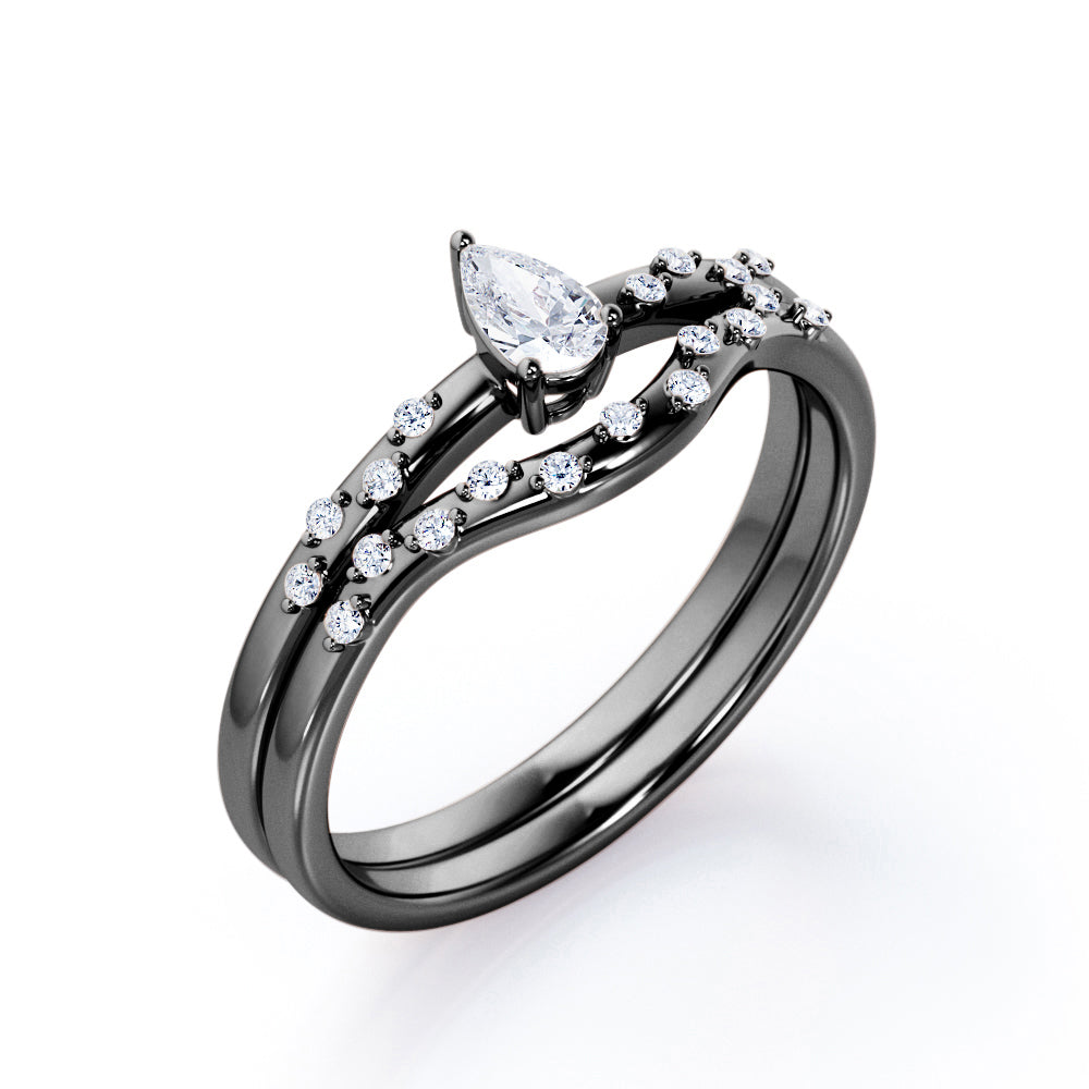 2-Prong Flush - 0.4 TCW Teardrop Cut Diamond - Curved Minimalist Wedding Ring Set in White Gold