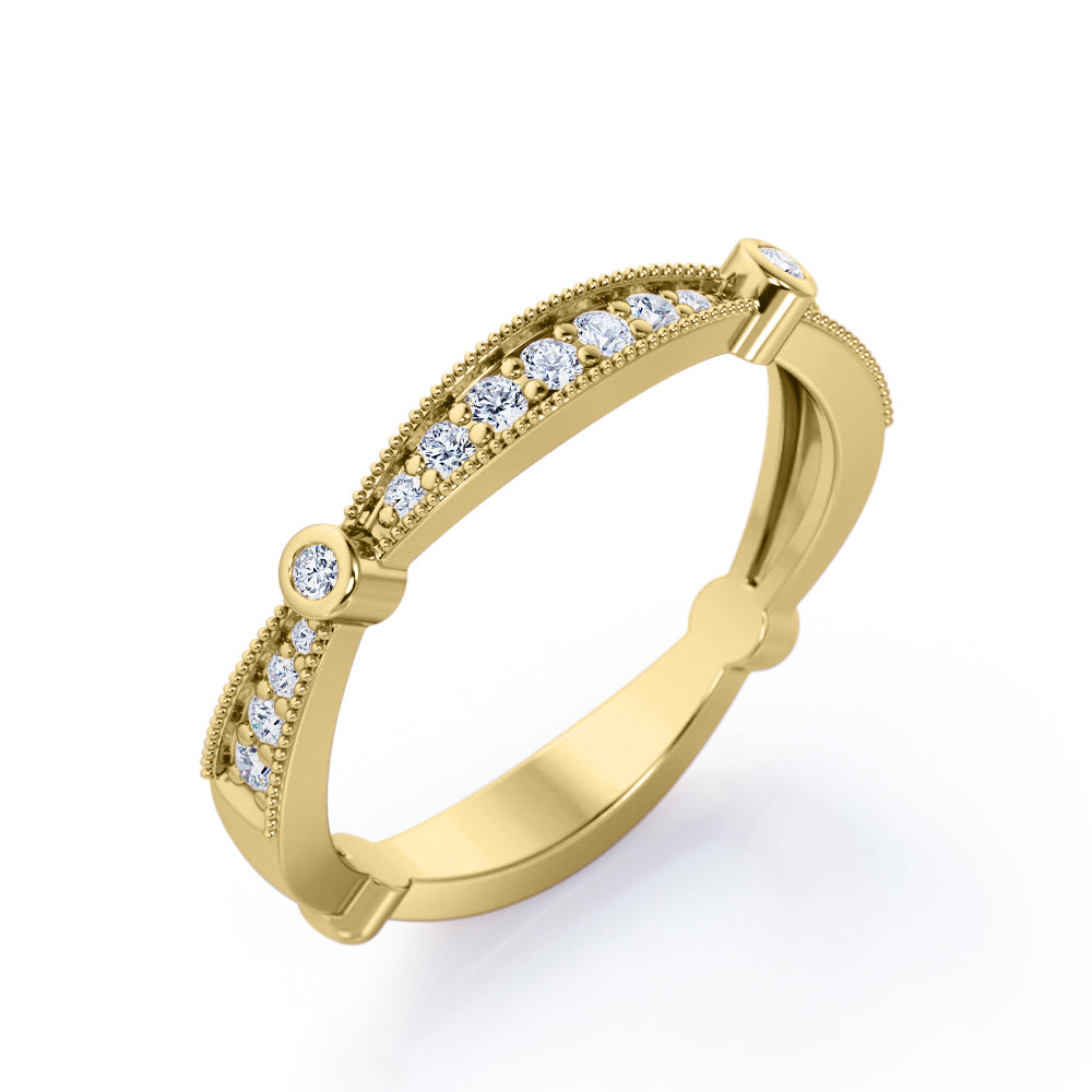 Milgrain Bright-Cut Pave 0.15 TCW Round Brilliant Cut Bezel Stackable Ring in 10K White Gold