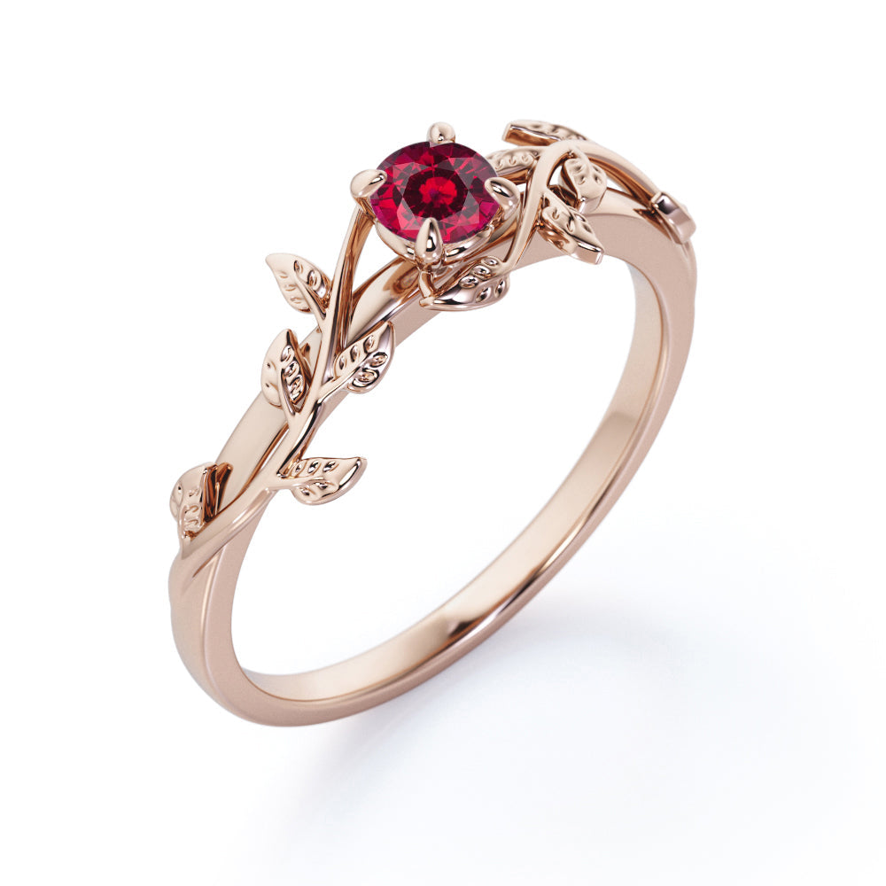 Nature Inspired 1 carat Round cut Lab-Created Ruby Solitaire Engagement ring in Rose Gold