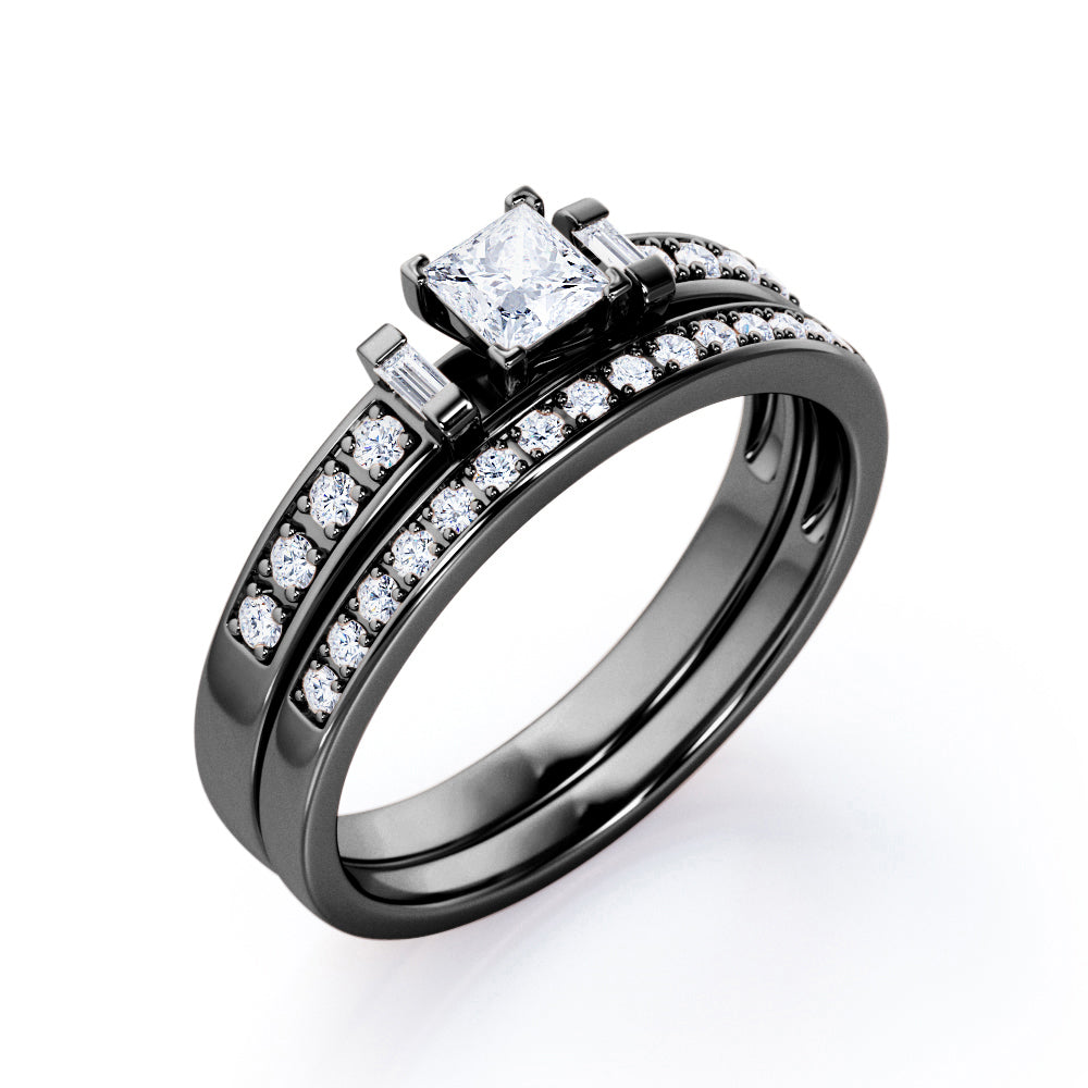 Pave-Channel 0.45 TCW Princess Cut Diamond Trilogy V-Prong Bridal Ring Set in White Gold