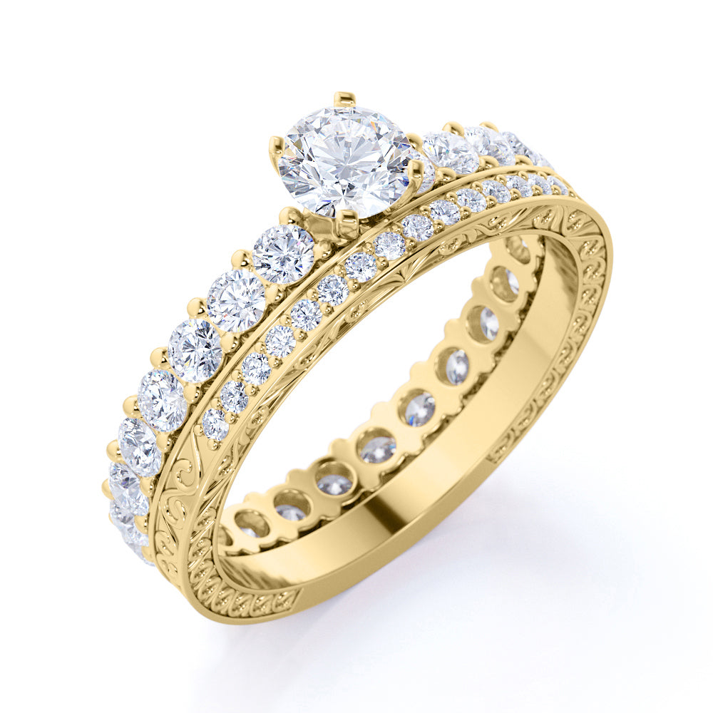 Stunning 1 ct Round Moissanite - Prong Set - Eternity Band - Engagement Ring - Vintage Wedding Set - 18K Yellow Gold over Silver