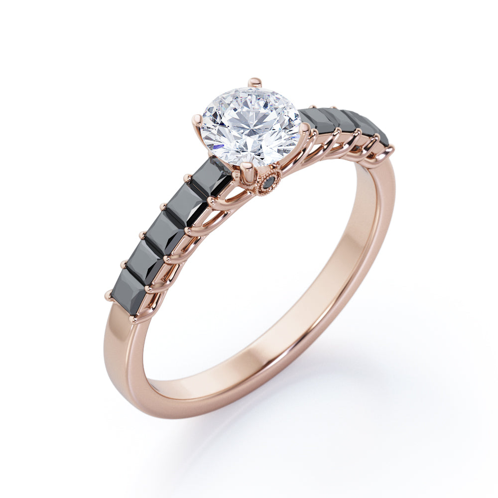 Shared Prong - 1.35 TCW Round Brilliant Cut Moissanite with Lab Created Black Diamond - Milgrain Bezel Engagement Ring in Rose Gold