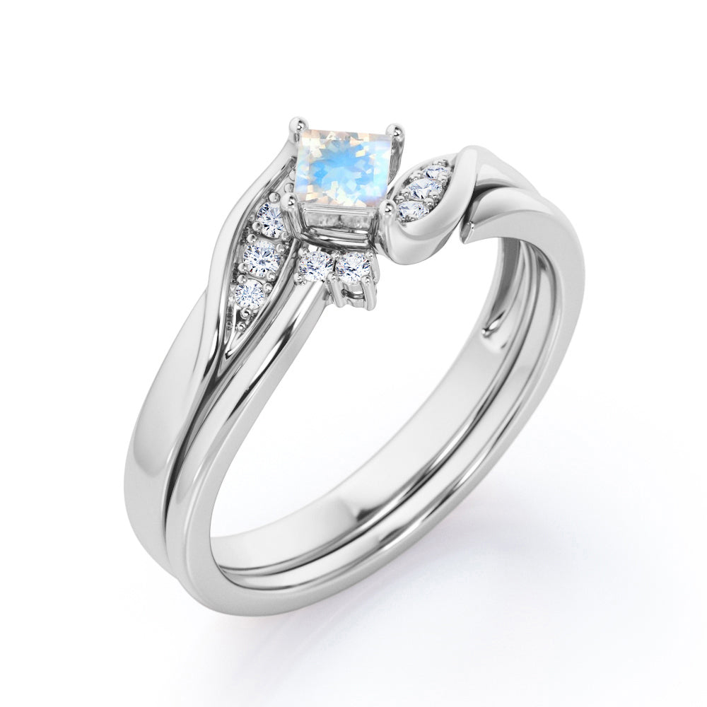 Petite Pave-Channel - 0.55 TCW Rhombus Princess Cut Moonstone and Moissanite - Prong Tensioned Wedding Ring Set - White Gold