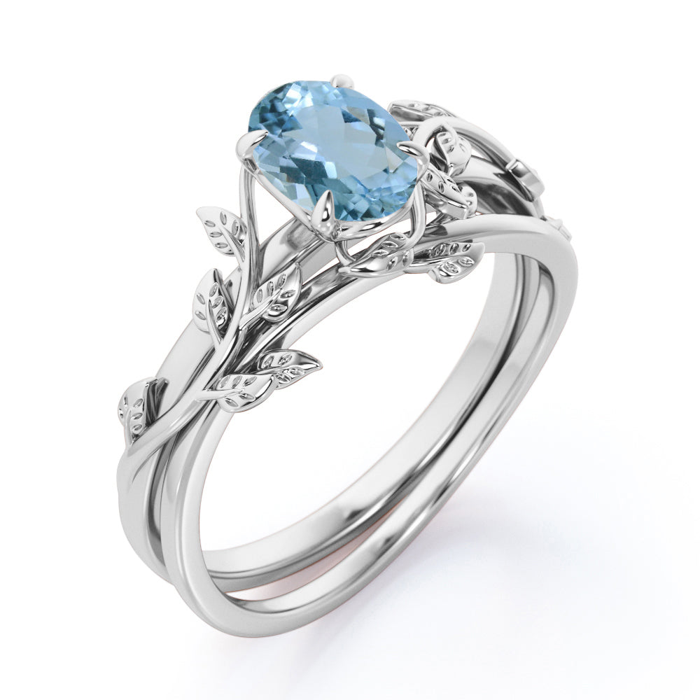 1 Carat Oval Cut Aquamarine Minimalist Wedding Ring Set In White Gold