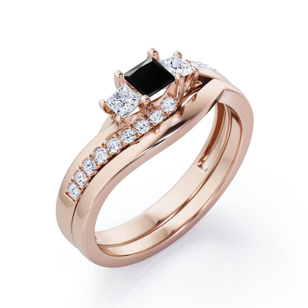 3 Stone Shared Prong - 1 TCW Princess Cut Black Diamond - Pave Curved Shank Wedding Set -Rose Gold