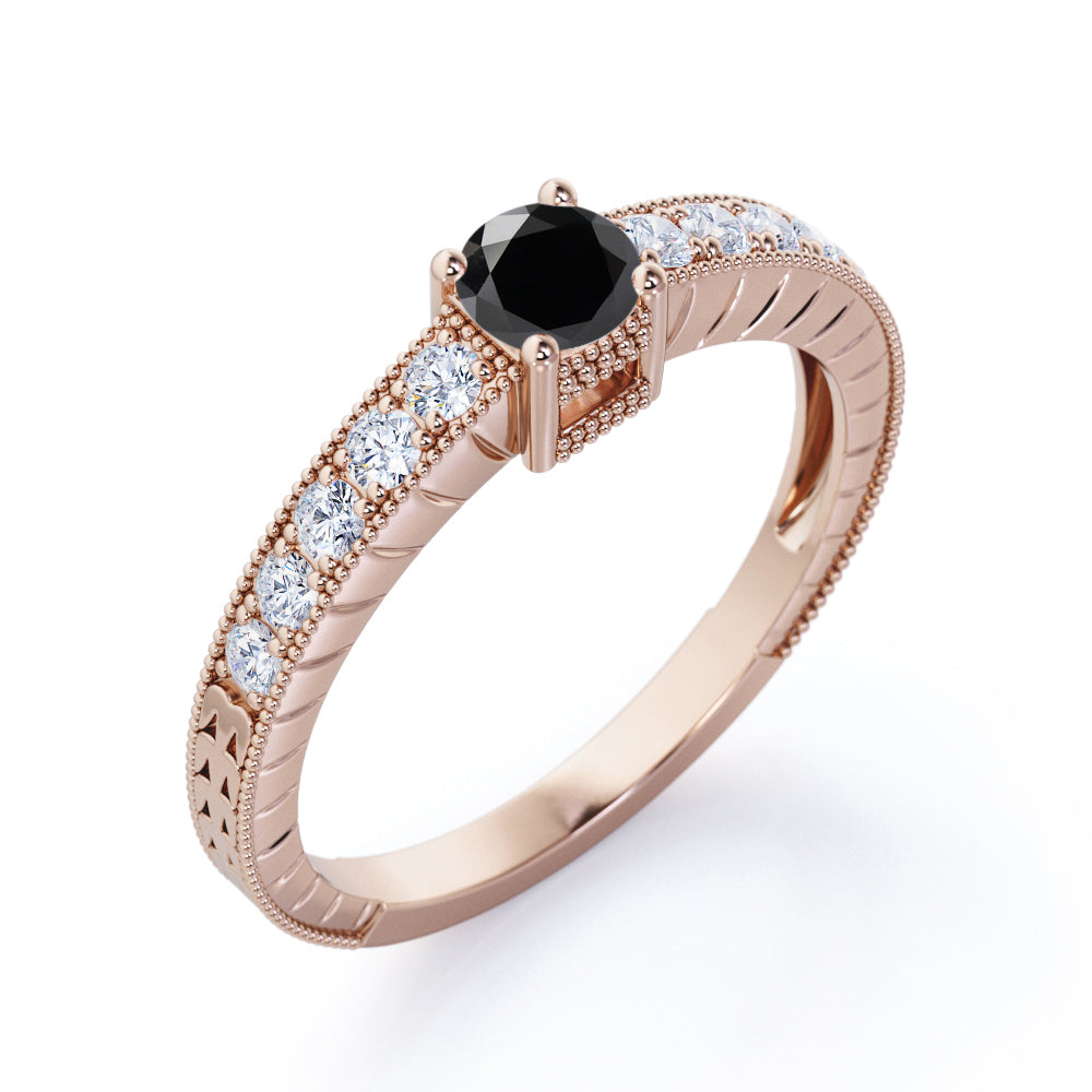 1.10 Carat Round Cut Lab Grown Black Diamond Vintage Milgrain Engagement Ring In White Gold