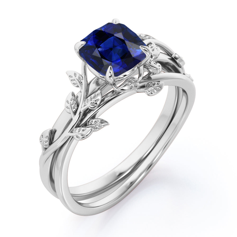 Leaf Branch Design 1 carat Cushion Cut Lab-Created Sapphire  Wedding ring set in White Gold