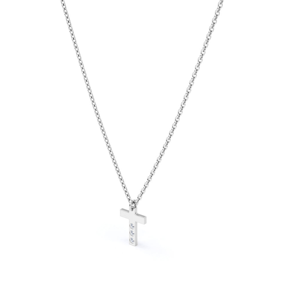 Trilogy 0.05 TCW Round Cut Moissanite Minimalist Cross Pendant Necklace in 18K White Gold Plating over Silver