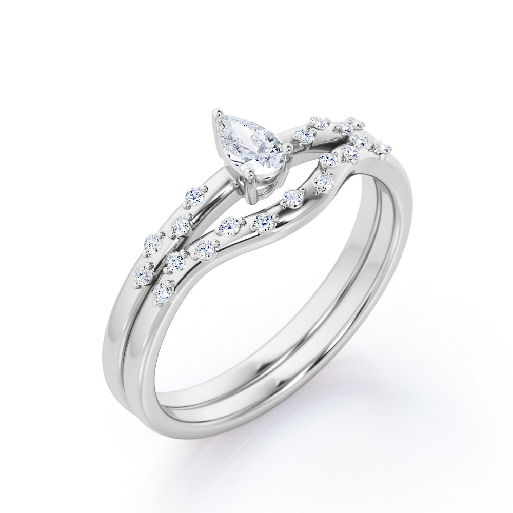 2-Prong Flush - 0.4 TCW Teardrop Cut Diamond - Curved Minimalist Wedding Ring Set in White Gold