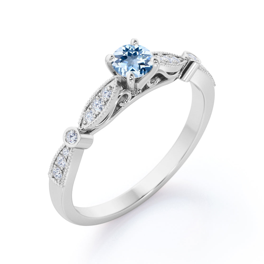 Minimalist 1.10 Carat Round Cut Aquamarine And Diamond Vintage Engagement Ring In White Gold