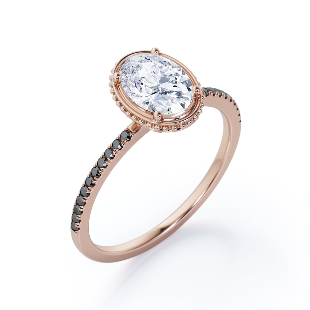 Milgrain Bezel Prong 1.5 TCW Oval Cut Moissanite with Lab Created Black Diamond Pave Style Engagement Ring in Rose Gold