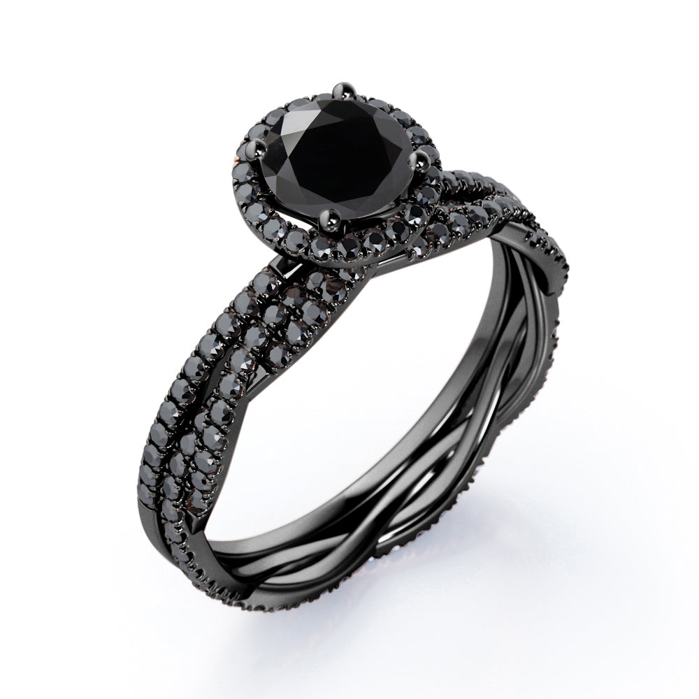 Pave Twisted Eternity 1.75 TCW Round Brilliant Cut Lab Created Black Diamond Halo-Style Wedding Ring Set in White Gold