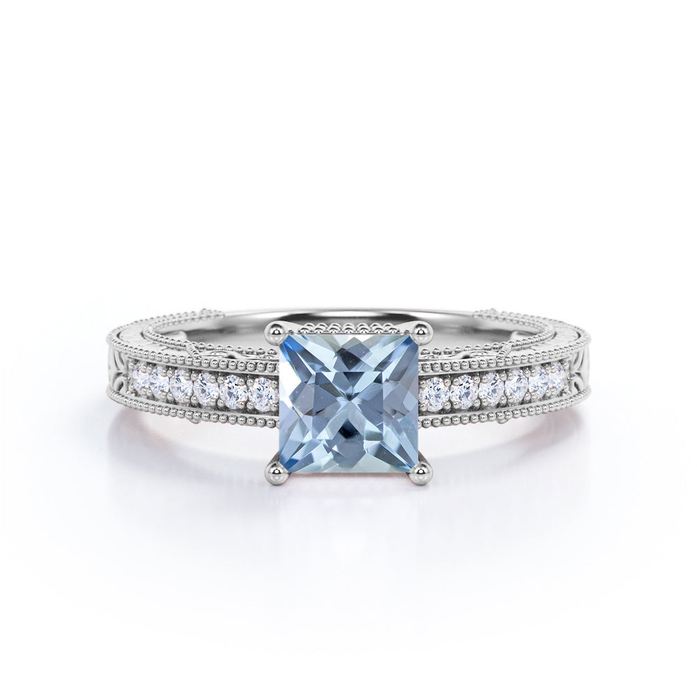 1.2 Carat Princess Cut Aquamarine And Diamond Antique Engagement Ring In White Gold