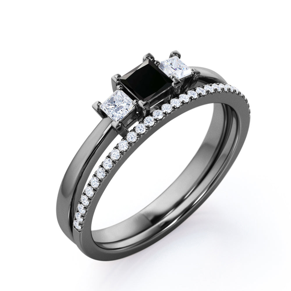 1.45 Carat Princess Cut Lab Grown Black Diamond Trilogy Wedding Ring Set In White Gold