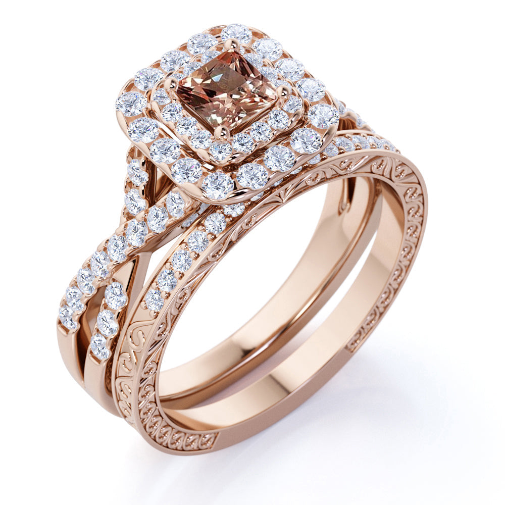 1.25 carat - Princess Cut - Champagne created morganite - Double Halo - Twisted Band - Vintage Inspired - Wedding Ring Set in 18K Rose Gold over Silver