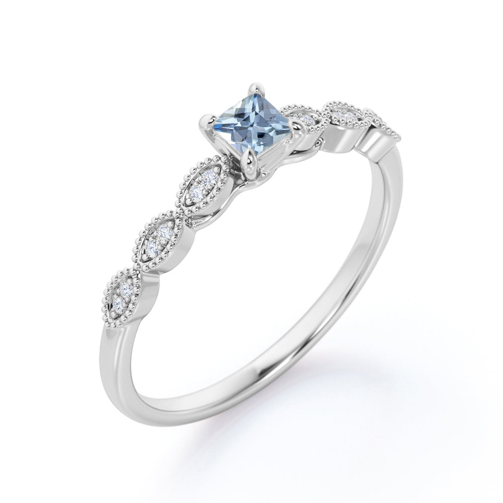 1.10 Carat Princess Cut Aquamarine And Diamond  Art Deco Engagement Ring In White Gold