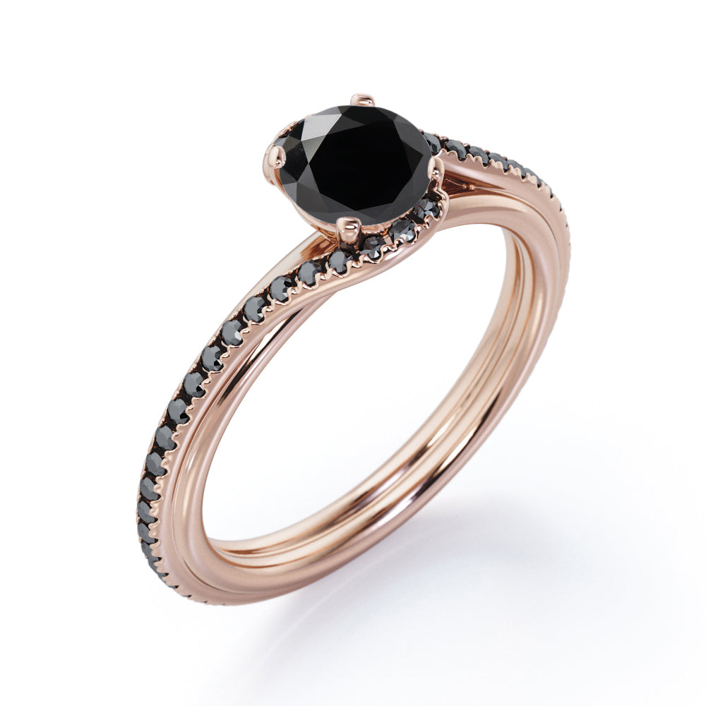 Overlay Double Banded - 1.25 TCW Round Cut Lab Created Black Diamond - Tension Pave Engagement Ring in White Gold