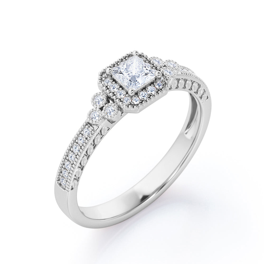 7-Stone Halo Cluster 0.45 TCW Princess Cut Diamond Milgrain Leaf Filigree Engagement Ring in White Gold