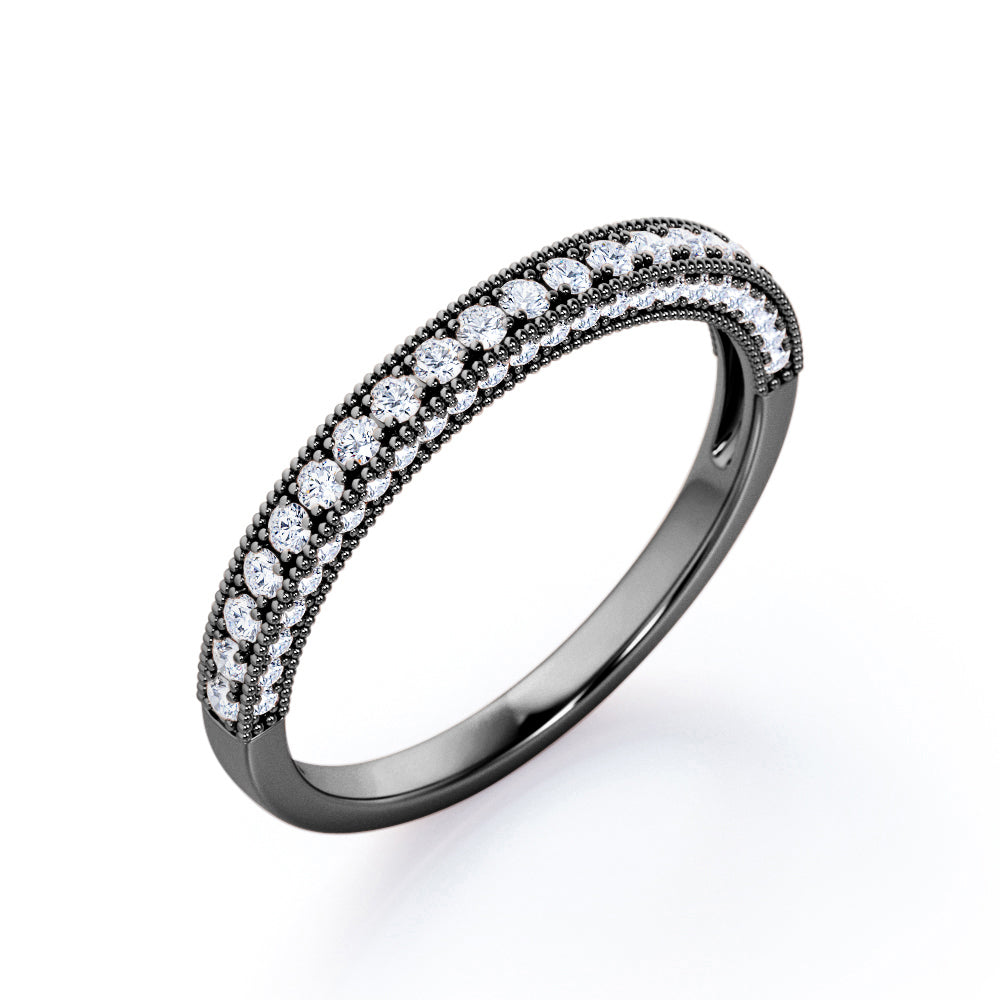 3 Sided Pave 0.3 TCW Round Shaped Diamond Milgrain Edge Wedding Band in White Gold