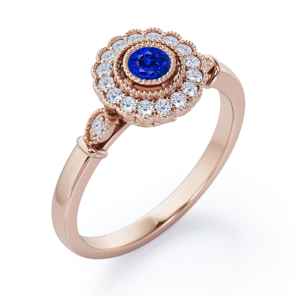 Milgrain Flower Halo 1.2 carat Carat Round Brilliant Cut Blue Sapphire and diamond Trilogy Bezel Engagement Ring in White Gold