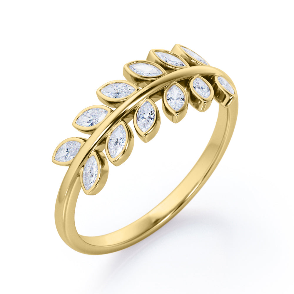 Inspired by Nature - 0.25 TCW Marquise Shaped Moissanite - Olive Leaf Stackable Ring - Black Gold