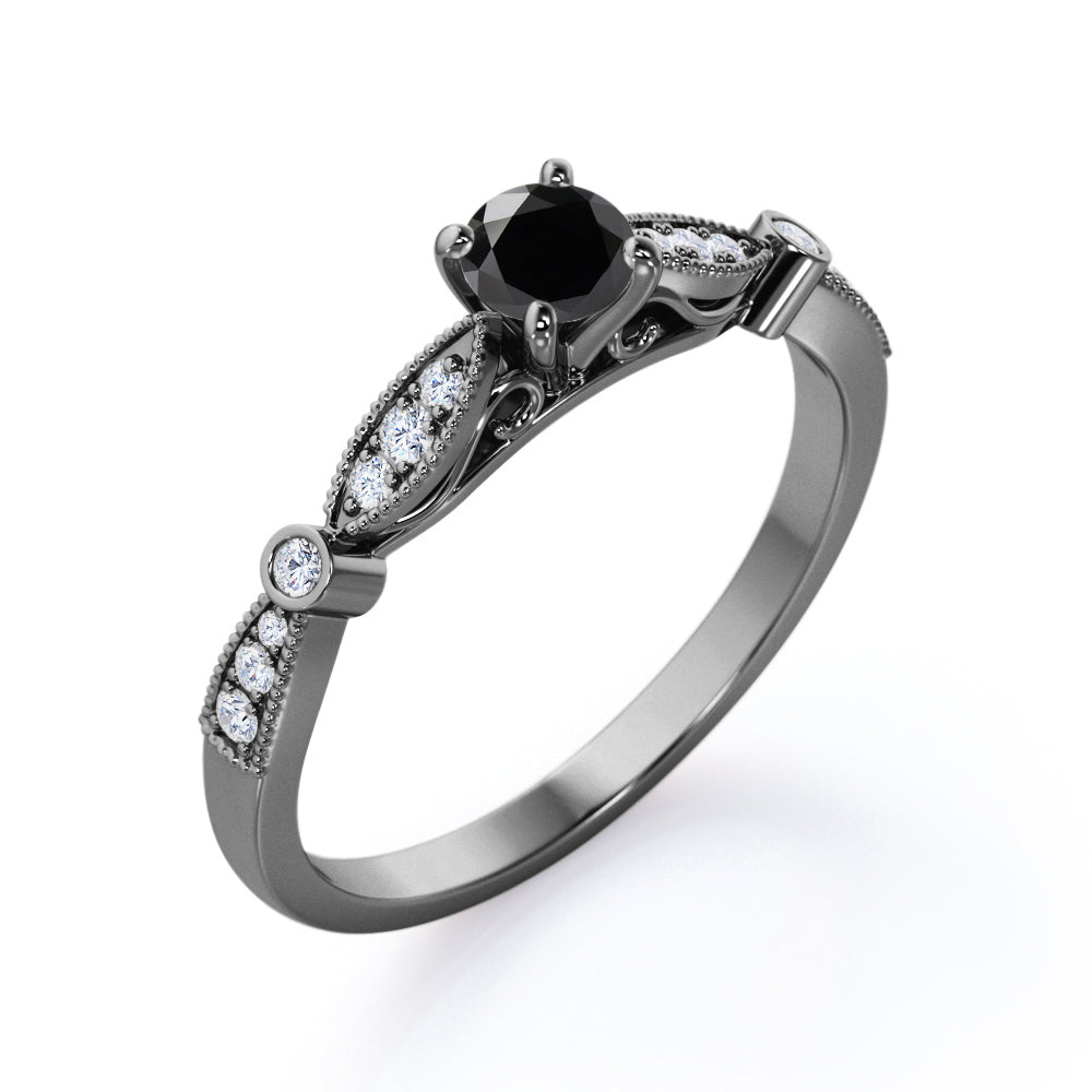 1.15 Carat Round Cut Lab Grown Black Diamond Four Prong Unique Engagement Ring In White Gold