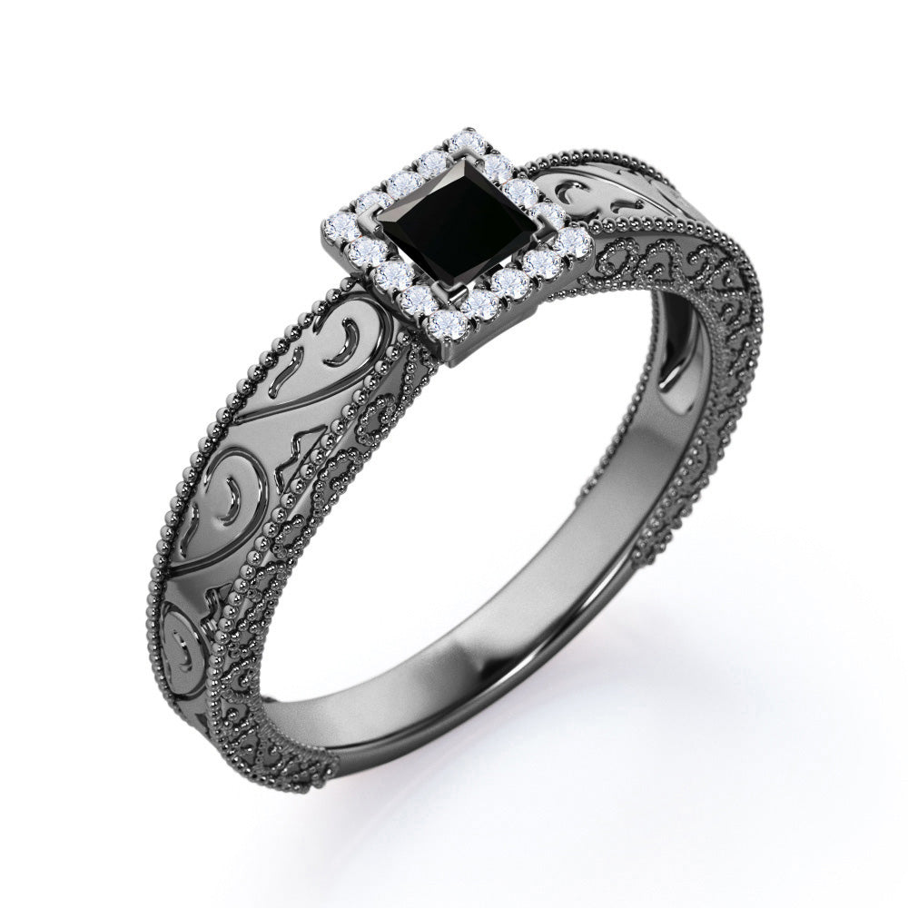 1.15 Carat Princess Cut Lab Grown Black Diamond Vintage Engagement Ring For Women In White Gold