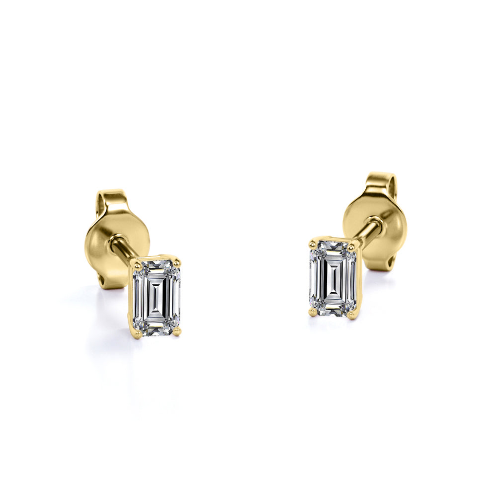 Minimalist 0.5 Carat Emerald Cut Moissanite Solitaire Stud Earrings In 18K Yellow Gold Plating Over Silver