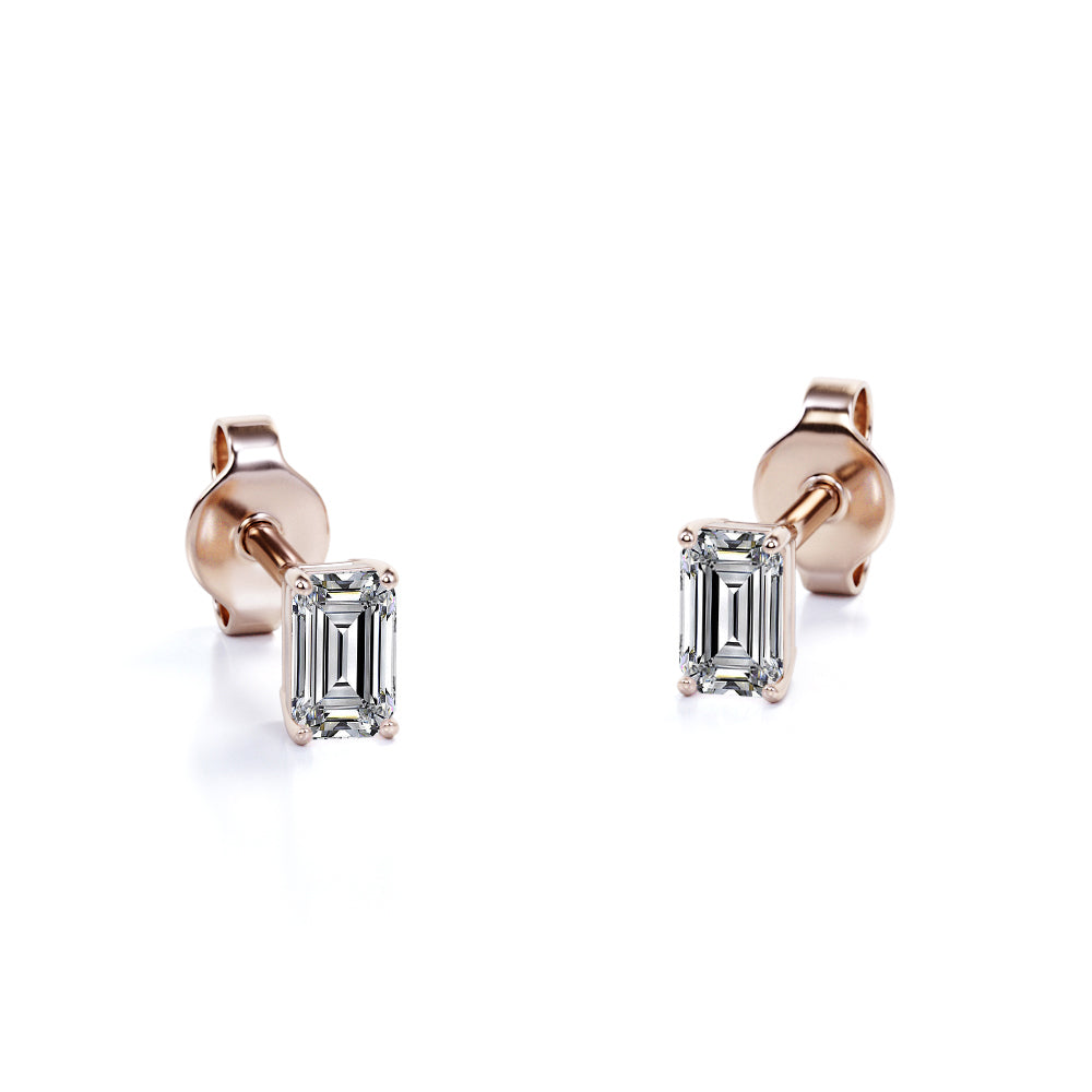 0.20 Carat Emerald Cut Diamond - Minimalist Solitaire Stud Earrings - 18K White Gold Plating Over Silver