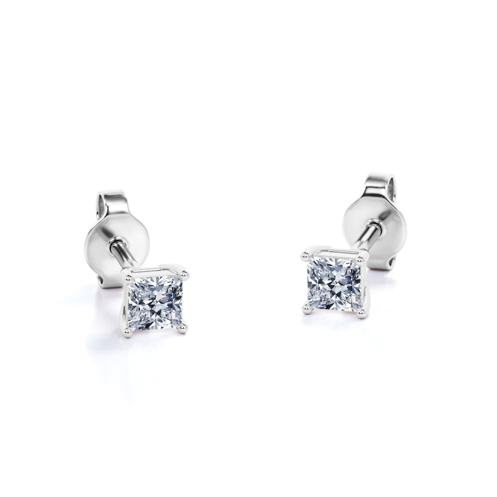 4 Prong - 0.33 Carat Princess Cut Diamond - Solitaire Stud Earrings - 18K White Gold Plating Over Silver