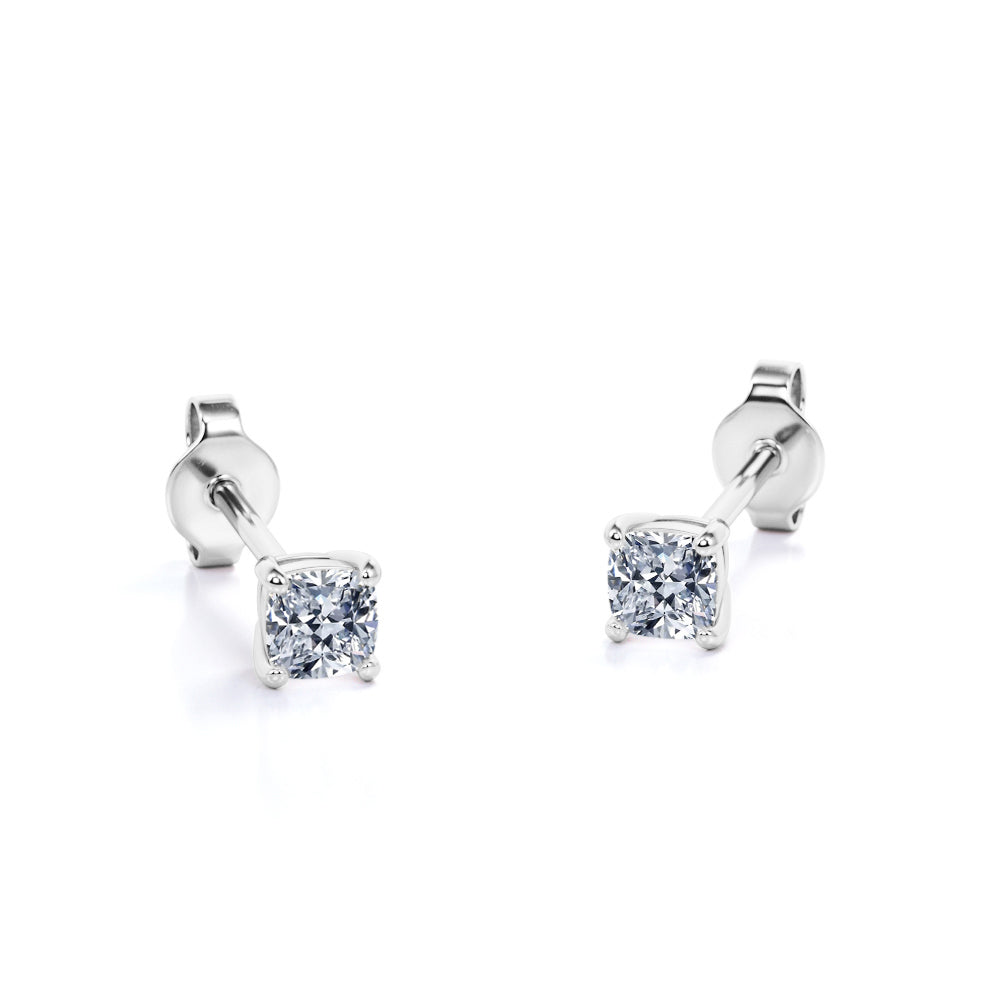 4 Prong - 0.20 Carat Cushion Cut Diamond - Solitaire Stud Earrings - 18K White Gold Plating Over Silver