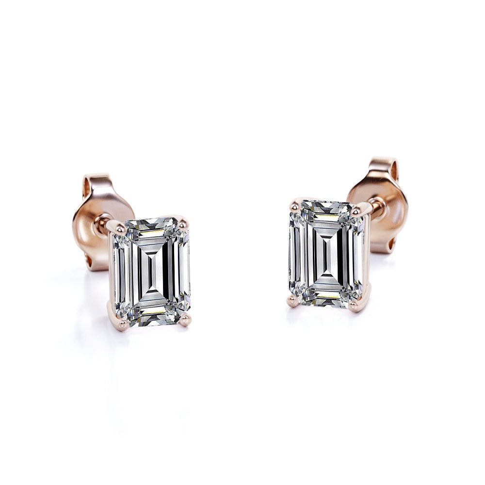 Minimalist 1 Carat Emerald Cut Moissanite Solitaire Stud Earrings In 18K Rose Gold Plating Over Silver