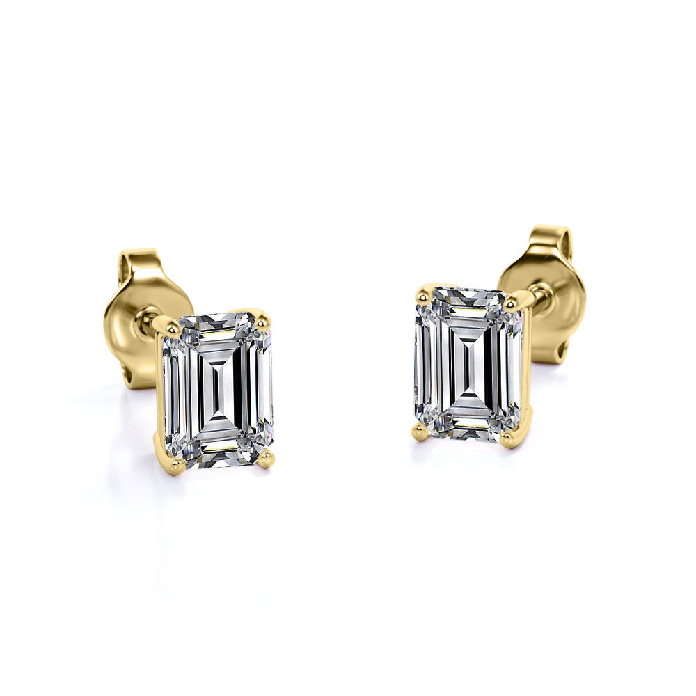 Minimalist 2 Carat Emerald Cut Moissanite Solitaire Stud Earrings In 18K Yellow Gold Plating Over Silver