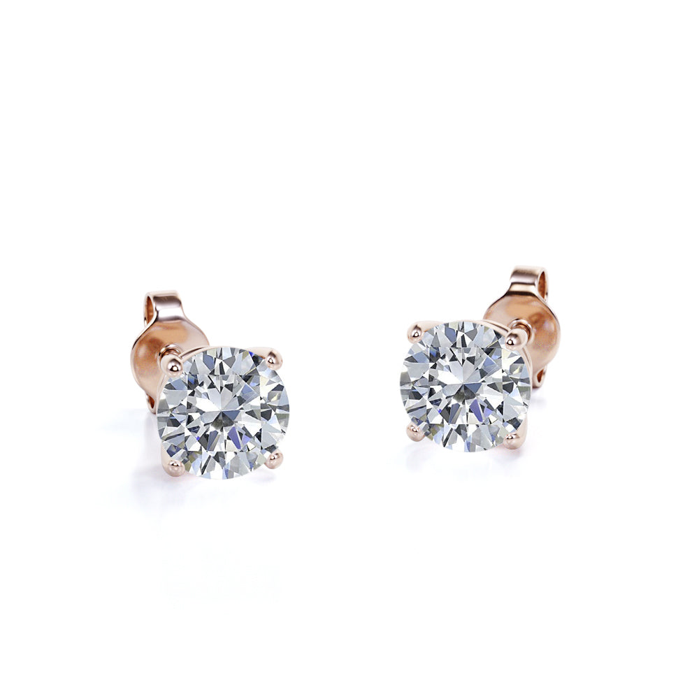 1 Carat Round Diamond - 4 Prong Solitaire Stud Earrings - 18K Rose Gold Plating Over Silver