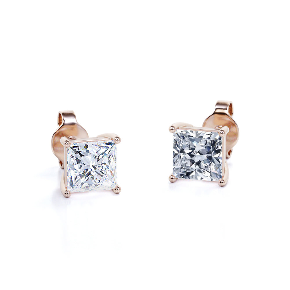 4 Prong - 1 Carat Princess Cut Diamond - Solitaire Stud Earrings - 18K Rose Gold Plating Over Silver